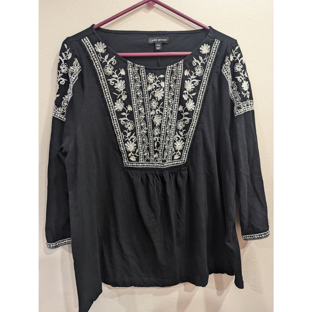 Women's black with white embroidered cotton peasant blouse by Lane Bryant, 14/16